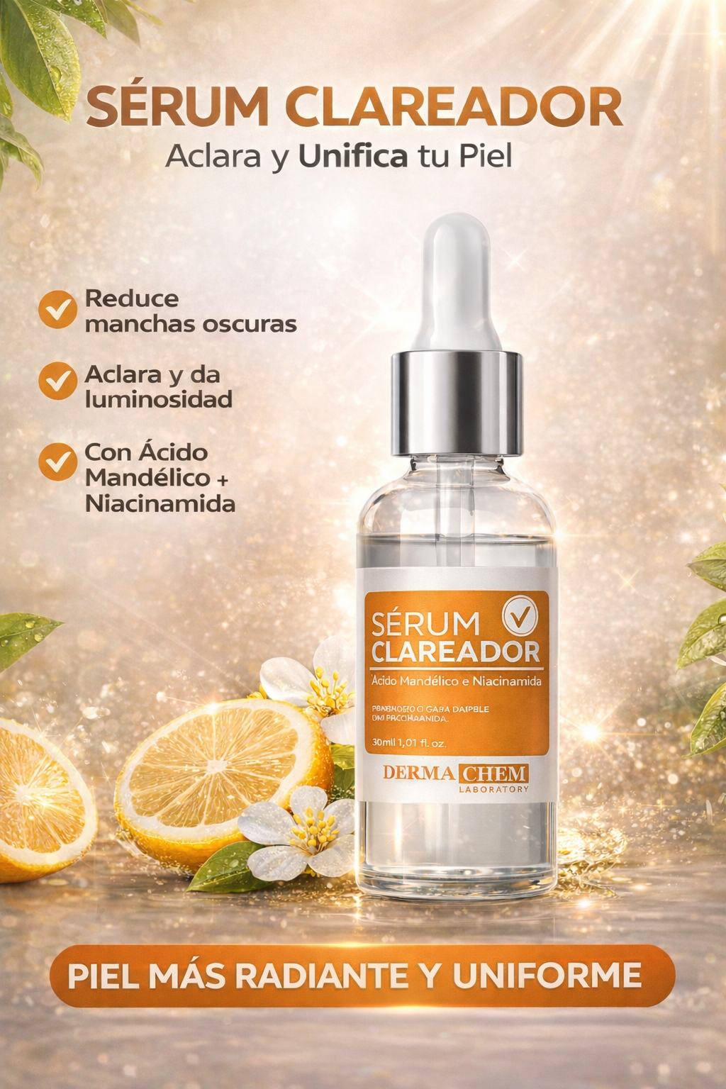 Sérum Aclarador Facial DermaChem con Ácido Mandélico + Niacinamida – Reduce Manchas y Unifica la Piel
